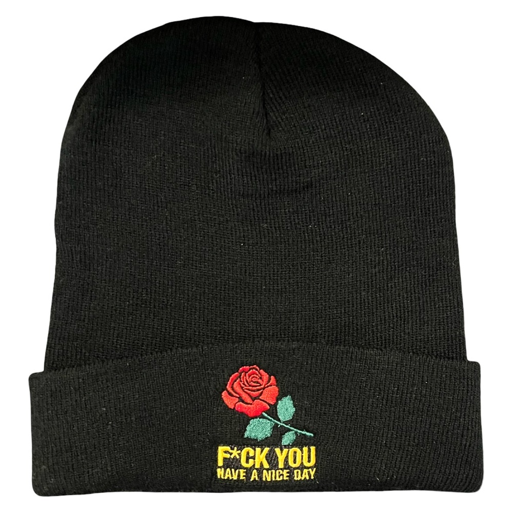 Black Beanie with Rose Embroidery